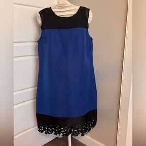 Sleeveless Cobalt Blue Shift Dress with Black Laser-Cut Hem